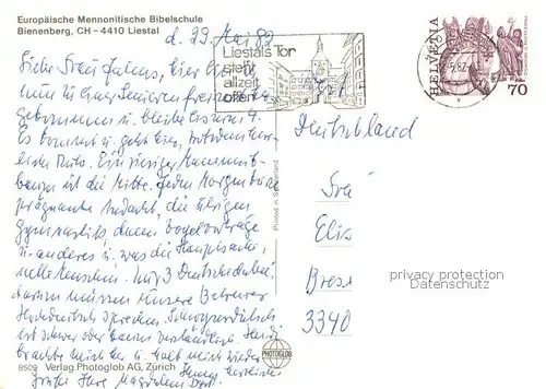 Liestal Europaeische Mennonitische Bibelschule Bienenberg Fliegeraufnahme Kat. Liestal