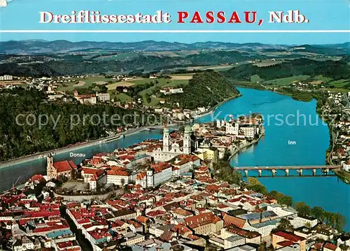 Passau Dreifluessestadt Muendung von Inn und Ilz in die Donau Fliegeraufnahme Kat. Passau