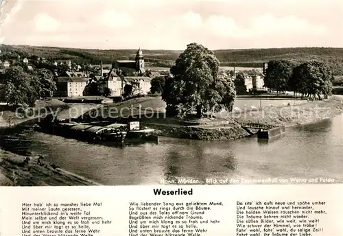 Hann. Muenden Fliegeraufnahme Zusammenfluss von Werra und Fulda Weserliedtext Kat. Hann. Muenden