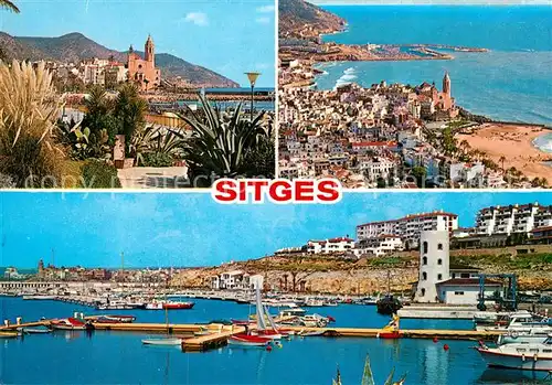 AK / Ansichtskarte Sitges Fliegeraufnahme mit Strand Hafen