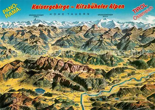 AK / Ansichtskarte Kaisergebirge Kitzbueheler Alpen Panorama von Prof. Berann aus der Vogelperspektive Kat. Kufstein