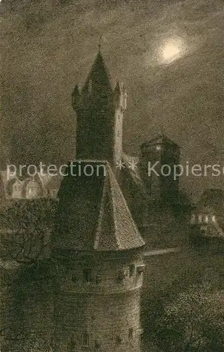 AK / Ansichtskarte Nuernberg Stadtmauer Panorama Turm Mondschein Kuenstlerkarte Kat. Nuernberg