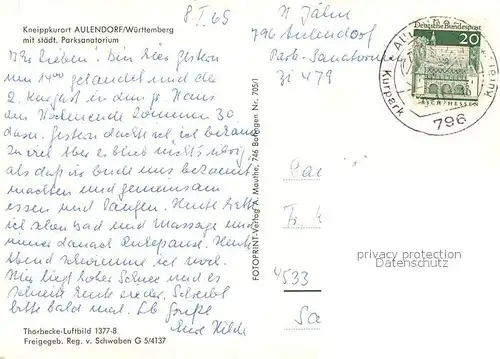 AK / Ansichtskarte Aulendorf Fliegeraufnahme mit Parksanatorium Kat. Aulendorf