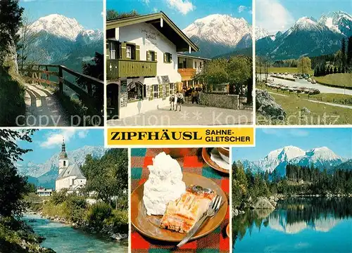 AK / Ansichtskarte Ramsau Berchtesgaden Berggasthof Pension Zipfhaeusl Sahnegletscher Kirche Bergsee Alpen Wasserspiegelung Apfelstrudel Kat. Ramsau b.Berchtesgaden