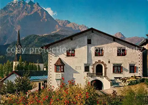 Scuol Tarasp Vulpera Engadiner Haus mit Kirche Kat. Scuol