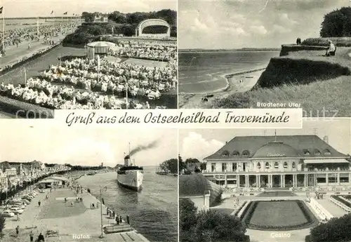 AK / Ansichtskarte Travemuende Ostseebad Strandpromenade Konzertpavillon Kueste Hafen Dampfer Casino Kat. Luebeck