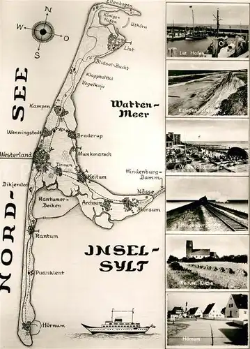 AK / Ansichtskarte Insel Sylt Landkarte Ortschaften der Insel Hafen Steilkueste Hindenburgdamm Kat. Westerland