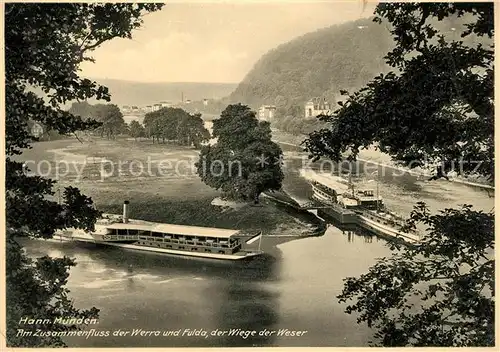 AK / Ansichtskarte Hann. Muenden Zusammenfluss von Werra und Fulda zur Weser Weserstein Dampfer Kat. Hann. Muenden