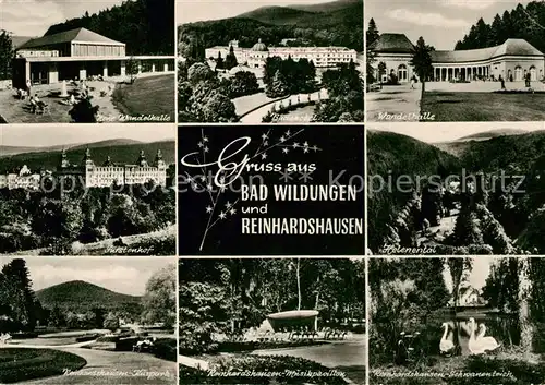 AK / Ansichtskarte Reinhardshausen Wandelhalle Fuerstenhof Kurpark Badehotel Helenental Musikpavillon Schwanenteich Kat. Bad Wildungen