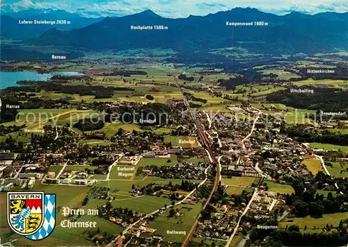 AK / Ansichtskarte Prien Chiemsee Fliegeraufnahme mit Loferer Steinberge Hochplatte Kampenwand Kat. Prien a.Chiemsee