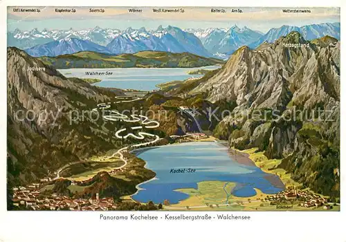 AK / Ansichtskarte Kochel See Fliegeraufnahme mit Kesselbergstrasse und Walchensee Kat. Kochel a.See