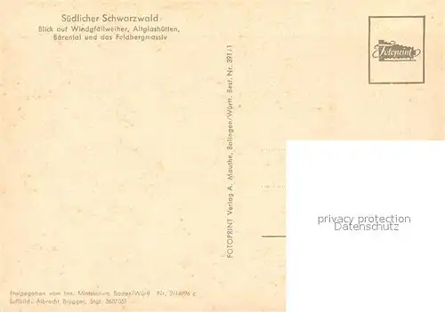 AK / Ansichtskarte Altglashuetten Fliegeraufnahme mit Windgfaellweiher Baerenral und Feldbergmassiv Kat. Feldberg (Schwarzwald)