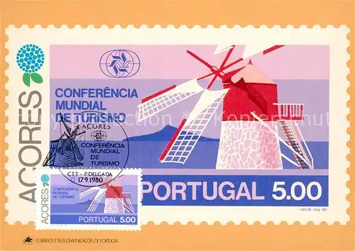 AK / Ansichtskarte Briefmarke auf Ak Conferencia Mundial de Turismo Acores Portugal Moinho de Vento  Kat. Besonderheiten
