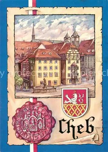 AK / Ansichtskarte Cheb Altstadt Platz Brunnen Wappen Siegel Kuenstlerkarte Kat. Cheb