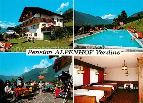 AK / Ansichtskarte Verdins Pension Alpenhof Terrasse Gaststube Swimming Pool