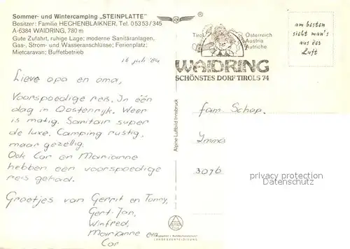AK / Ansichtskarte Waidring Tirol Fliegeraufnahme Camping Steinplatte Familie Hechenblaikner Kat. Waidring