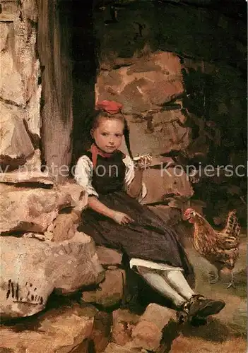 AK / Ansichtskarte Kuenstlerkarte Adolf Lins Schwaelmer Maedchen mit Henne Kuenstlerkarte Kat. Kuenstlerkarte