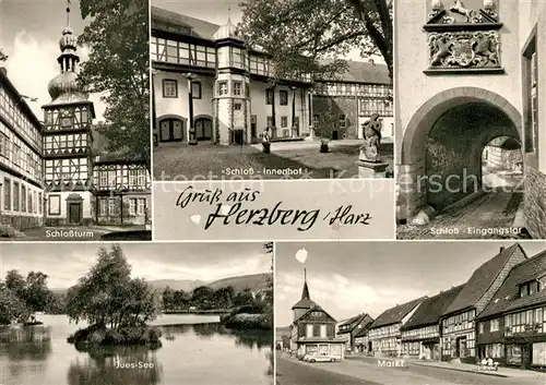 AK / Ansichtskarte Herzberg Harz Schlossturm Schloss Innenhof Eingangstor Juessee Markt Herzberg Harz Kat. Herzberg am Harz