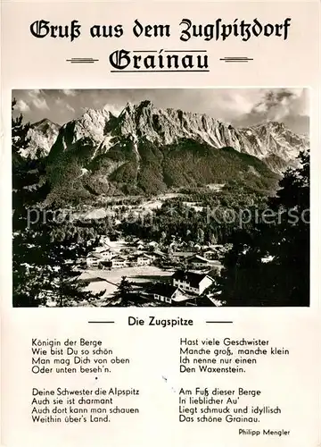 AK / Ansichtskarte Grainau Gesamtansicht mit Zugspitze Wettersteingebirge Gedicht Philipp Mengler Grainau Kat. Grainau