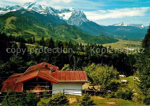 AK / Ansichtskarte Garmisch Partenkirchen Bergwirtschaft Gamshuette Wettersteingebirge mit Zugspitze und Tiroler Berge Garmisch Partenkirchen Kat. Garmisch Partenkirchen