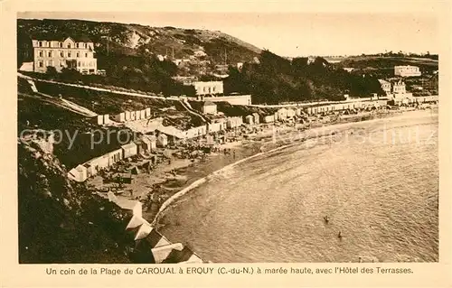 Erquy Un coin de la Plage de Caroual a maree haute avec Hotel des Terrasses Erquy Kat. Erquy