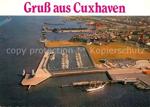 AK / Ansichtskarte Cuxhaven Nordseebad Hafenanlagen Jachthafen Seebaederbruecke Fliegeraufnahme Cuxhaven Nordseebad Kat. Cuxhaven