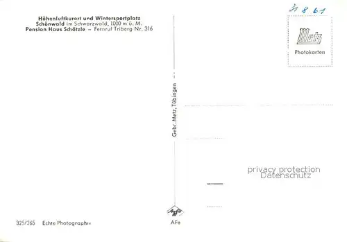 AK / Ansichtskarte Schoenwald Schwarzwald Pension Schaetzle Schoenwald Schwarzwald Kat. Schoenwald im Schwarzwald