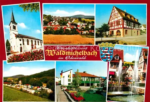 AK / Ansichtskarte Waldmichelbach Panorama Odenwald Kirche Fachwerkhaus Springbrunnen Campingplatz Waldmichelbach Kat. Wald Michelbach