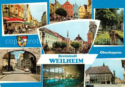AK / Ansichtskarte Weilheim Oberbayern Strassencafes Innenstadt Saeule Marktplatz Hallenbad Weilheim Oberbayern Kat. Weilheim i.OB