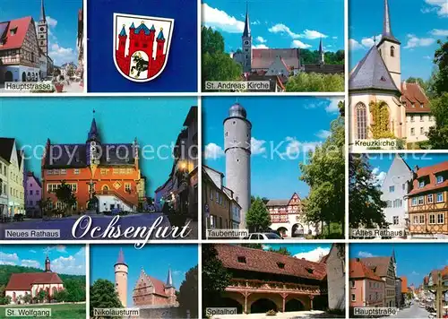 AK / Ansichtskarte Ochsenfurt Hauptstrasse Neues und altes Rathaus Taubenturm Kreuzkirche Nikolausturm  Ochsenfurt Kat. Ochsenfurt