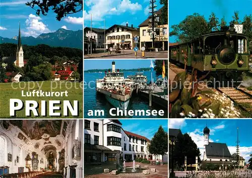 AK / Ansichtskarte Prien Chiemsee Dampfer Kirche Eisenbahn Prien Chiemsee Kat. Prien a.Chiemsee