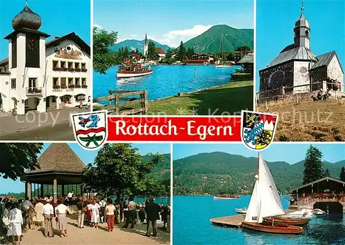 AK / Ansichtskarte Rottach Egern Kirche Pavillon Segelboote Anleger Rottach Egern Kat. Rottach Egern