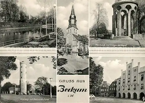 AK / Ansichtskarte Beckum Westfalen Kriegerdenkmal St. Stephanuskirche Markt Rathaus  Beckum Westfalen Kat. Beckum