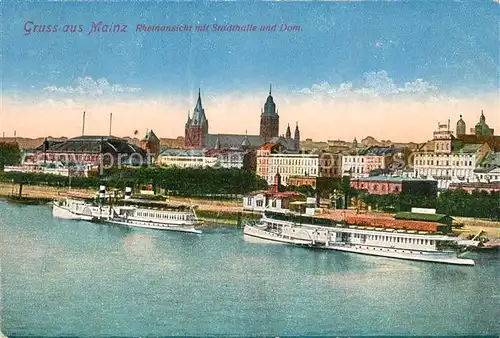 Mainz Rhein Rheinansicht mit Stadthalle und Dom Mainz Rhein