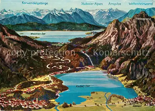 AK / Ansichtskarte Kochel_See Panoramakarte mit Walchensee Alpen Kochel See Kat. Kochel a.See