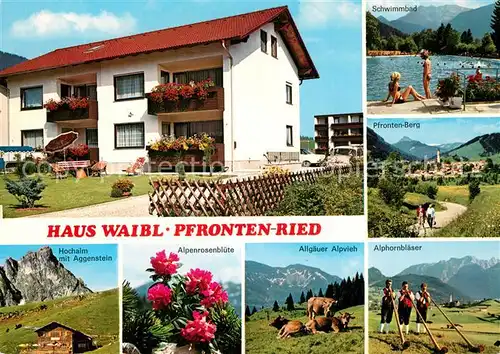 AK / Ansichtskarte Ried_Pfronten Gaestehaus Pension Haus Waibl Freibad Wandern Alphornblaeser Allgaeuer Alpvieh Alpenrosenbluete Hochalm Aggenstein Ried Pfronten Kat. Pfronten