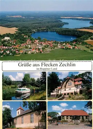 AK / Ansichtskarte Zechlin_Flecken Fliegeraufnahme Schwarzer See Grosser Zechliner See Bruecke Dorfkirche Markt Zechlin Flecken