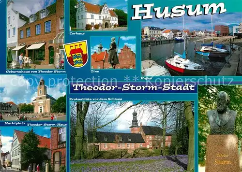 AK / Ansichtskarte Husum_Nordfriesland Storm Denkmal Hafen Marktplatz Schloss Husum Nordfriesland Kat. Husum