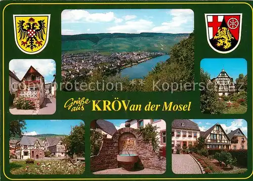AK / Ansichtskarte Kroev_Mosel Panorama Moseltal Ortsmotive Fachwerkhaeuser Brunnen Wappen Kroev_Mosel Kat. Kroev