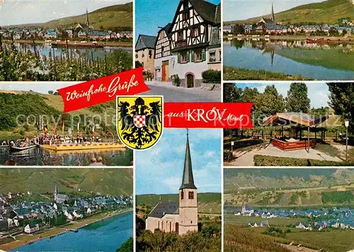 AK / Ansichtskarte Kroev_Mosel Uferpartie an der Mosel Weinberge Floss Ortspanorama Kirche Wappen Kroev_Mosel Kat. Kroev