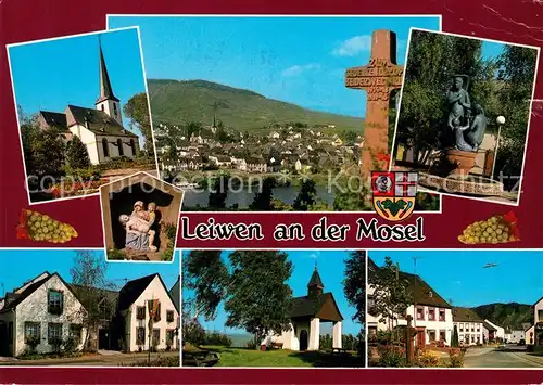 AK / Ansichtskarte Leiwen_Mosel Kirche Kreuz Brunnenfigur Strassenpartie Leiwen Mosel
