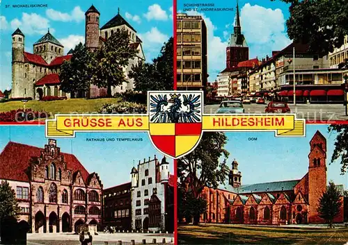 AK / Ansichtskarte Hildesheim St Michaeliskirche Schuhstrasse St Andreaskirche Rathaus Tempelhaus Dom Wappen Hildesheim Kat. Hildesheim
