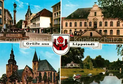 AK / Ansichtskarte Lippstadt Brunnen Rathaus Kirche Partie am Fluss Wappen Lippstadt Kat. Lippstadt