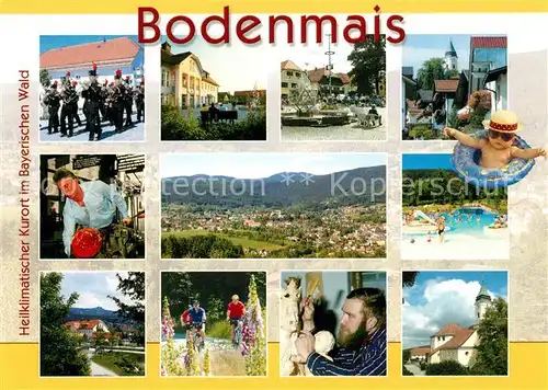 AK / Ansichtskarte Bodenmais Panorama Kurort Bayerischer Wald Musikkapelle Glasblaeserei Fahrradtouren Schnitzerhandwerk Kirche Freibad Marktplatz Bodenmais Kat. Bodenmais