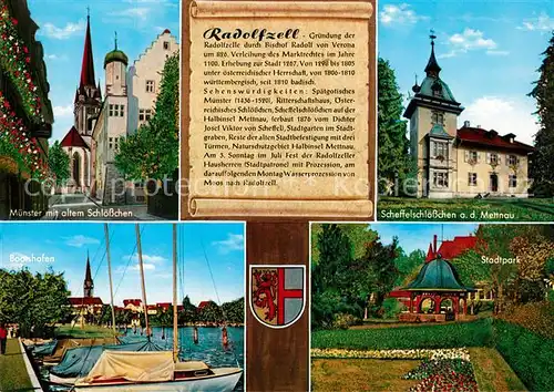 AK / Ansichtskarte Radolfzell_Bodensee Muenster altes Schloesschen Bootshafen Stadtpark Pavillon Scheffelschloesschen Mettnau Chronik Wappen Radolfzell Bodensee Kat. Radolfzell am Bodensee