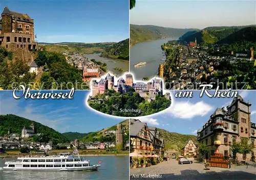 AK / Ansichtskarte Oberwesel_Rhein Fliegeraufnahme Schoenburg Marktplatz Faehrschiff Oberwesel Rhein Kat. Oberwesel_am_Rhein