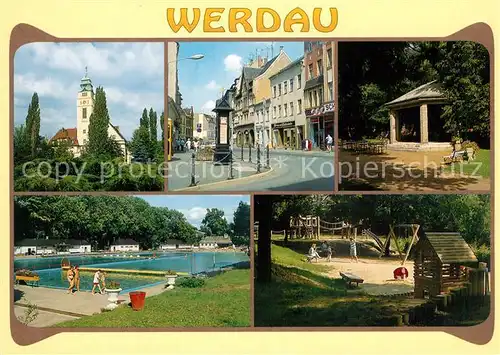 AK / Ansichtskarte Werdau_Sachsen Schwimmbad Annoncenuhr Pavillon An den Teichen Spielplatz Werdau Sachsen Kat. Werdau