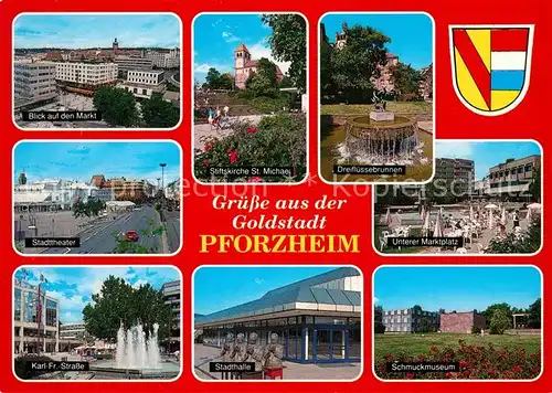 AK / Ansichtskarte Pforzheim Weltplatz fuer Uhren und Schmuck Marktplatz Stadttheater Karl Friedrich Strasse Kirche Brunnen Stadthalle Schmuckmuseum Pforzheim Kat. Pforzheim