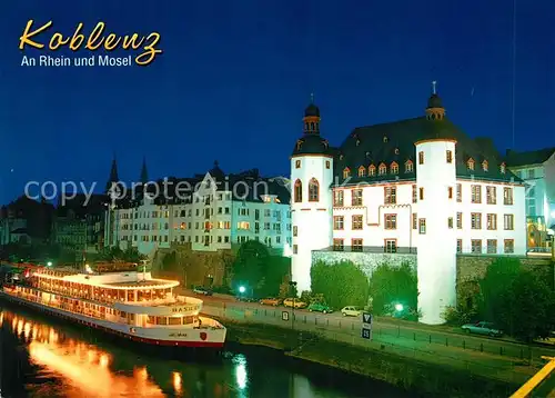 AK / Ansichtskarte Koblenz_Rhein Blick zur Alten Burg Mosel Dampfer Nachtaufnahme Koblenz_Rhein Kat. Koblenz