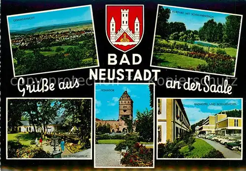 AK / Ansichtskarte Bad_Neustadt Gesamtansicht Kurpark Schwanenteich Wandelhalle Hohntor Badhotel Schlosshotel Wappen Bad_Neustadt Kat. Bad Neustadt a.d.Saale